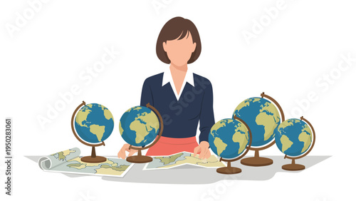 Teacher and Globe Array: A teacher, surrounded by an array of globes and maps, embodies a passion for the world, illustrating the joy of exploration and learning.
