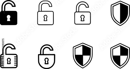 Security icons: locking, unlocking, and protection shield symbols
