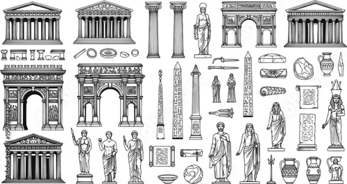 Ancient ruins and artifacts illustrations: temples, arches, obelisks, statues, and artifacts

