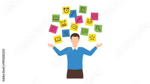 Ideas in Mind: An illustration shows a person juggling an array of colorful sticky notes. Each note is adorned with various icons, suggesting a whirlwind of thoughts, tasks, and creative ideas. 