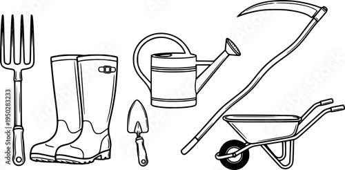 Essential gardening tools: fork, boots, watering can, trowel, scythe, wheelbarrow
