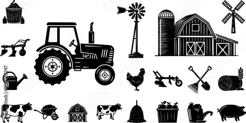 Agricultural equipment and farm icons set featuring tractor and barn
