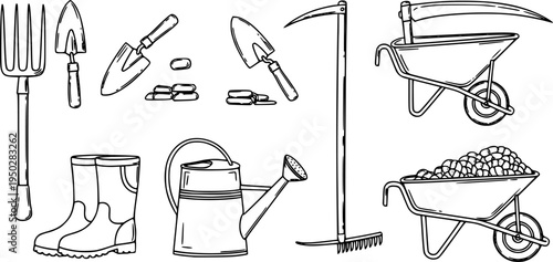 Essential gardening tools: fork, boots, watering can, trowel, scythe, wheelbarrow
