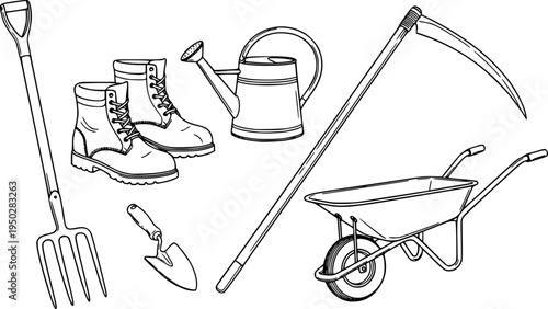 Essential gardening tools: fork, boots, watering can, trowel, scythe, wheelbarrow
