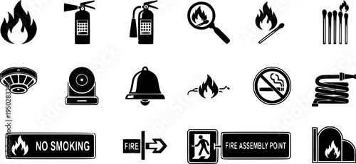 Fire safety icons featuring flames, extinguisher, burning matches, and alarm
