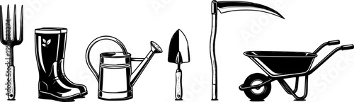 Essential gardening tools: fork, boots, watering can, trowel, scythe, wheelbarrow
