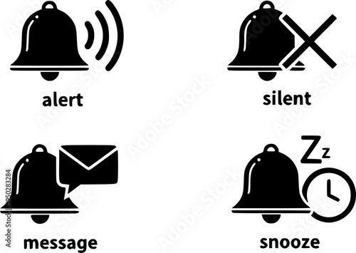 Notification bell icon set: alert, silent, message, and snooze variations
