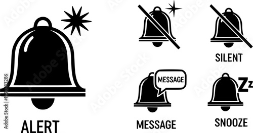 Notification bell icon set: alert, silent, message, and snooze variations
