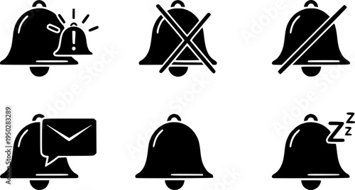 Notification bell icon set: alert, silent, message, and snooze variations
