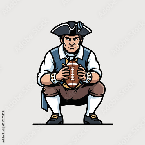 Patriot Football Player Squatting Holding American Football, Aggressive Stance