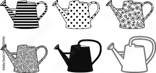Collection of six black and white watering can illustrations with unique designs
