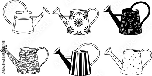 Collection of six black and white watering can illustrations with unique designs
