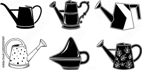 Collection of six black and white watering can illustrations with unique designs
