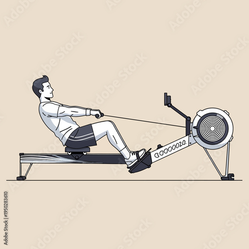 Man rowing on a fitness machine, indoor exercise, workout, healthy lifestyle