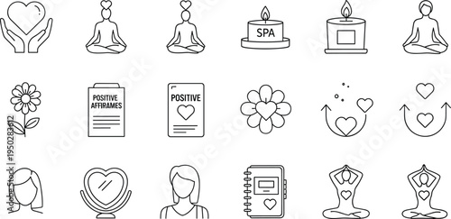 Mental Wellness and Self Care Icon Set Featuring Meditation Yoga Poses Positive Affirmations Spa Candles and Emotional Health Mindfulness Graphics