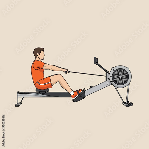 Man rowing on a fitness machine, indoor exercise, workout, healthy lifestyle