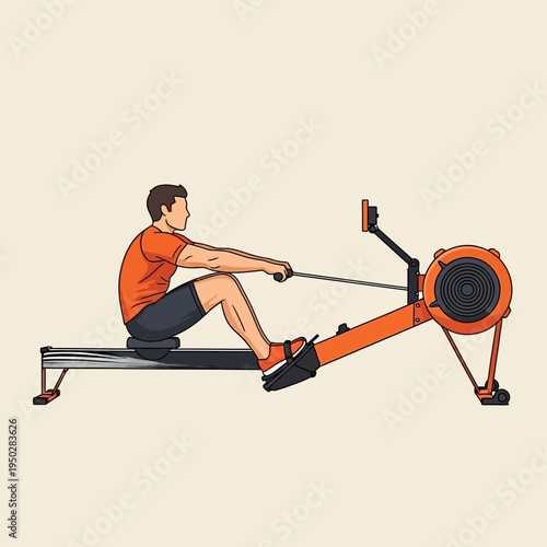 Man rowing on a fitness machine, indoor workout, healthy lifestyle, exercise
