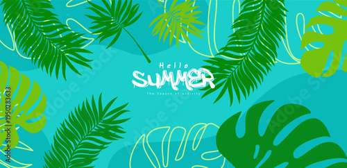 Hello Summer Poster with Bright Turquoise Background and Overlapping Tropical Leaf Silhouettes
