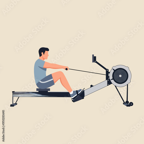 Man rowing on a fitness machine, indoor workout, healthy lifestyle