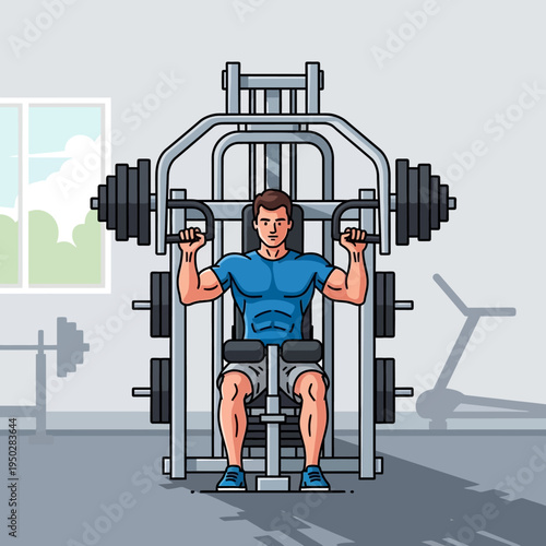 Man training chest muscles on a weight machine in a modern gym