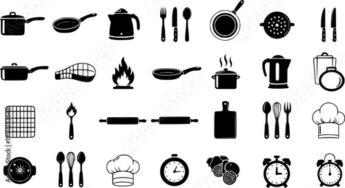 Black and white kitchenware set with cooking icons
