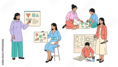 Teaching and Learning Moments: Capturing a diverse group of figures engaged in various teaching and learning activities, exploring concepts, sharing knowledge, and fostering growth