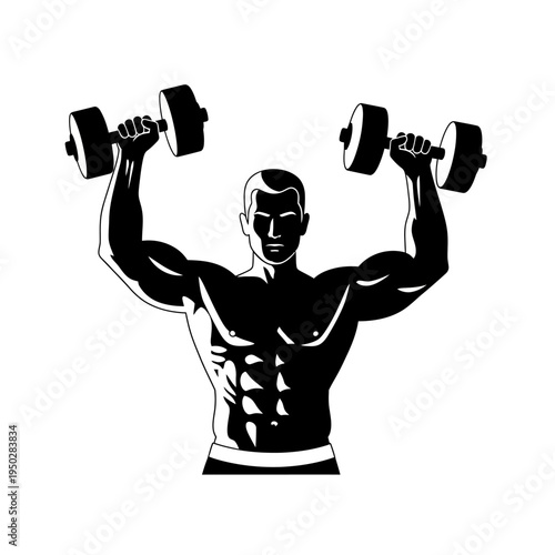 Muscular Man Lifting Dumbbells Overhead, Bodybuilding and Fitness Concept