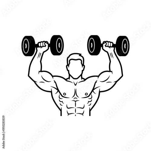 Muscular man lifting dumbbells overhead, demonstrating strength and fitness
