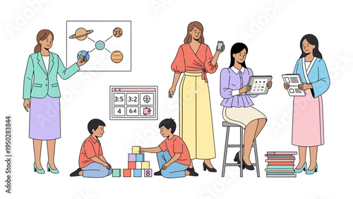 Teachers and Students in Educational Setting: Illustration showcases educators and learners engaged in various educational activities, creating a dynamic portrayal of the learning environment.