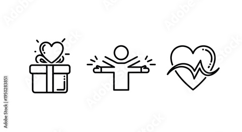 Symbols representing love, celebration, and health through simple icons