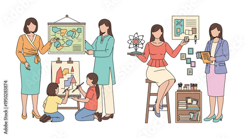 Education and Creativity: A collection of educational illustration, students learning and teacher teaching and the atmosphere is calm.