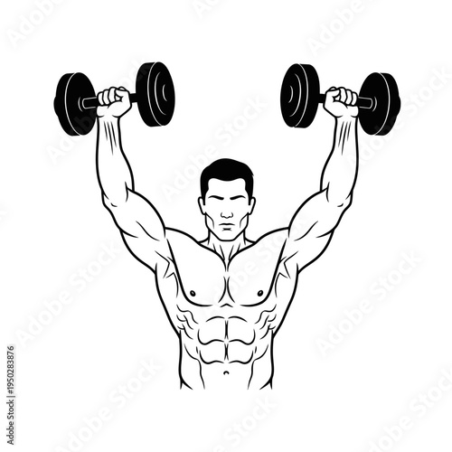 Muscular man lifting dumbbells overhead, showing chest and abs, fitness workout illustration