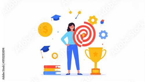 Determined Girl Setting Career Goals and Reaching Target Success Concept