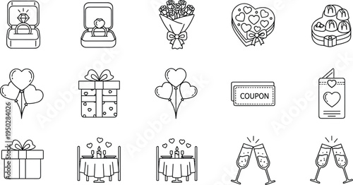Romantic Celebration Icon Set Featuring Diamond Engagement Ring Flower Bouquet Heart Balloons Gift Boxes and Candlelight Dinner Graphics for Valentines Day