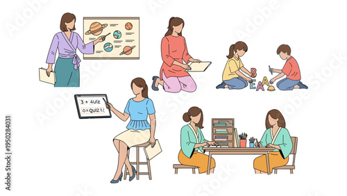 Education and Guidance: Depicting a series of illustrations capturing diverse scenarios of teaching and learning