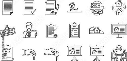 Real Estate and Mortgage Icon Set Featuring House Sale Contract Property Evaluation Key Handover and Home Loan Approval Documentation Graphics