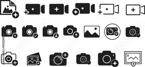 Camera and photo media icons collection, photography, video recording and image gallery symbols vector set for mobile apps, UI design, multimedia interface