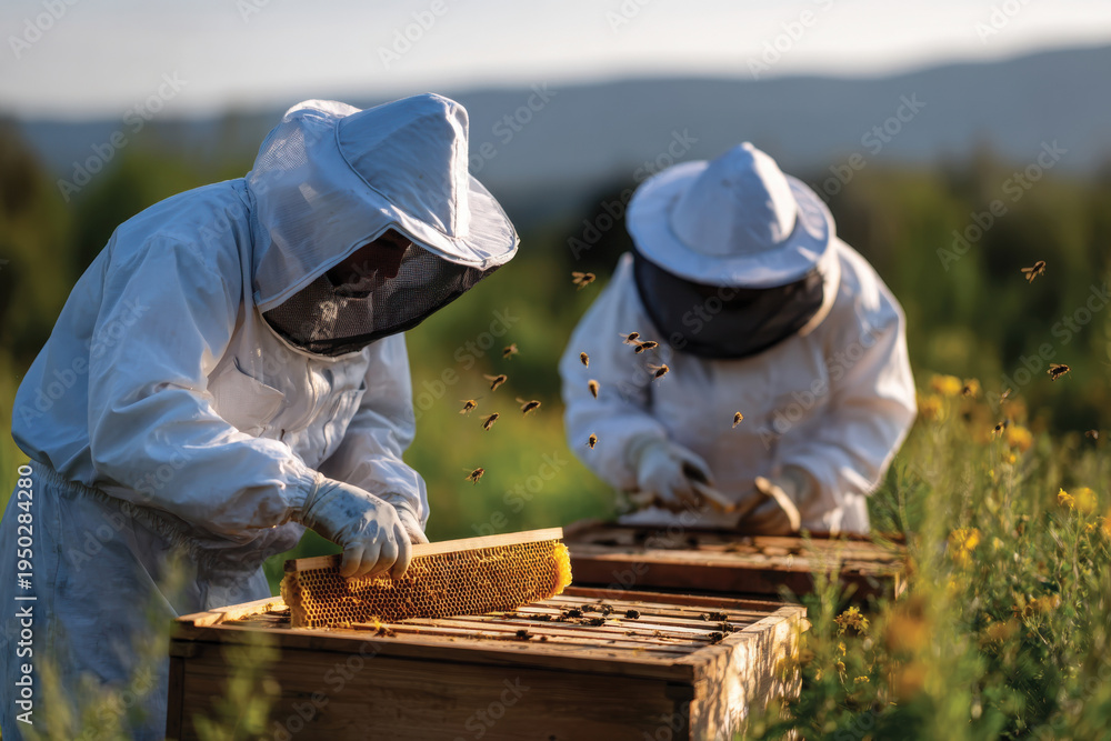 Fototapeta premium Two beekeepers in protective gear are carefully harvesting honeycomb from hives in a vibrant, sunlit field, showcasing the beauty and importance of beekeeping.