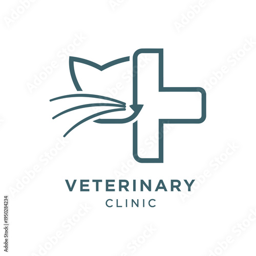 Feline cat head outline integrated with medical cross for modern veterinary clinic branding
