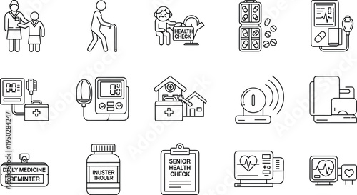 Senior Healthcare and Elderly Care Icon Set Featuring Medical Checkup Equipment Blood Pressure Monitor Pill Reminders and Nursing Graphic