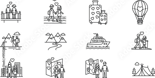 Romantic Couple Travel and Adventure Icon Set Featuring Honeymoon Destinations Hiking Camping Hot Air Balloon and Vacation Planning Graphics