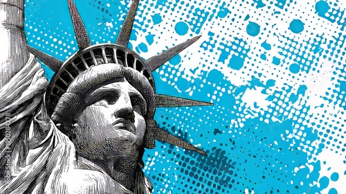 Liberty statue patriotic background with halftone texture distressed digital design, freedom symbol monument with blue graphic style celebrating independence, heritage pride national culture concept