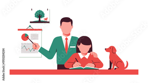 Teacher's Guidance: A caring teacher assists a young student with their studies, fostering a love of learning. The presence of a friendly pet adds a touch of comfort and companionship to the scene.