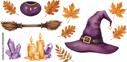 Vector Illustration Watercolor Halloween and Witchcraft Elements Set