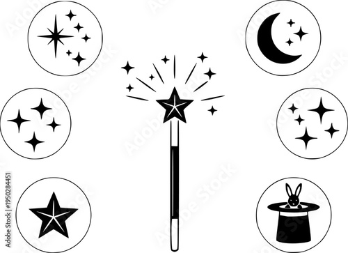 Magic wand icons: sparkles, stars, moon, and rabbit hat
