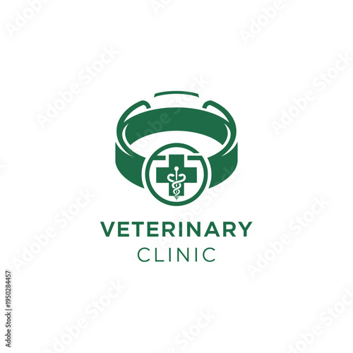 Pet collar veterinary clinic logo with medical cross and caduceus symbol for animal health
