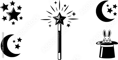 Magic wand icons: sparkles, stars, moon, and rabbit hat
