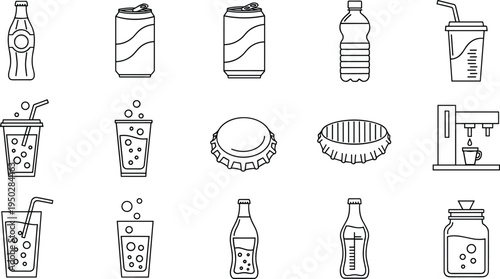 Set of Beverage, Soda, and Drink Icons in Line Art Style for Bottles, Cups, and Refreshing Drinks