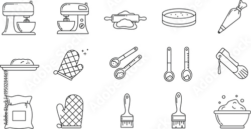 Set of Baking, Kitchen, and Cooking Icons in Line Art Style for Mixer, Baking Tools, and Pastry Preparation Illustrations