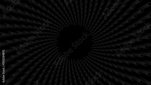 Abstract radial tunnel pattern created by repeating cylindrical rods forming a circular vortex with strong geometric symmetry on a dark black background resembling a futuristic data or technology tunn